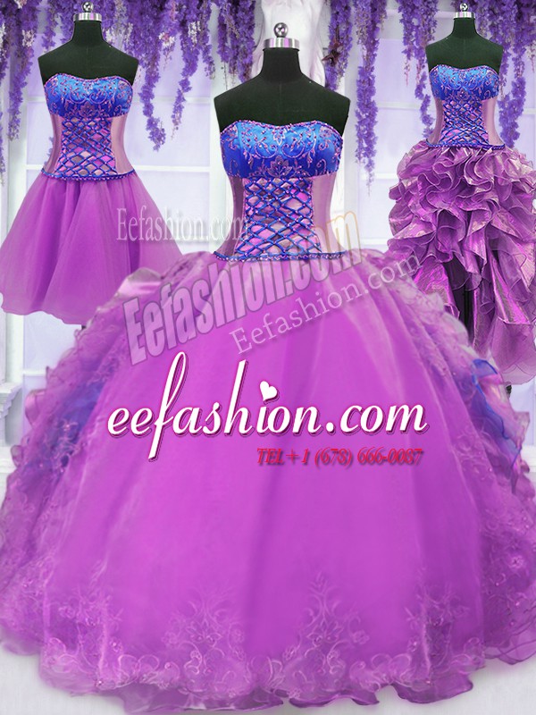 Sweet Four Piece Purple Lace Up Strapless Embroidery and Ruffles Vestidos de Quinceanera Organza Sleeveless