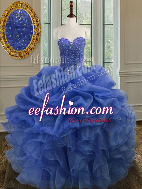  Beading and Ruffles Sweet 16 Quinceanera Dress Blue Lace Up Sleeveless Floor Length