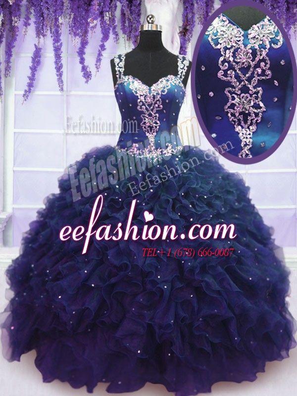  Straps Sleeveless Tulle Floor Length Zipper Quinceanera Dresses in Navy Blue with Beading and Ruffles