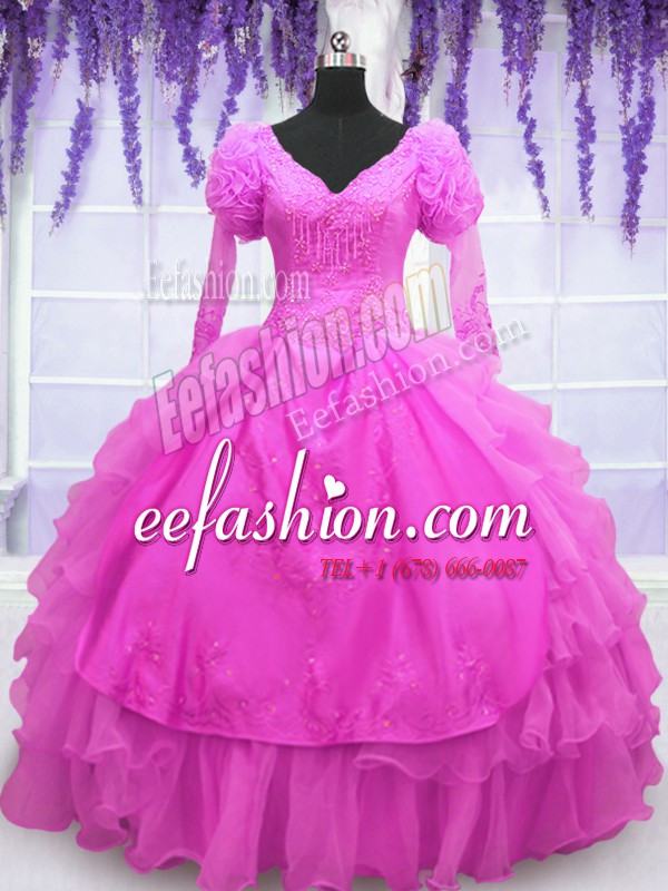 Delicate Hot Pink Ball Gowns Beading and Embroidery and Hand Made Flower Quinceanera Dresses Lace Up Organza Long Sleeves Floor Length