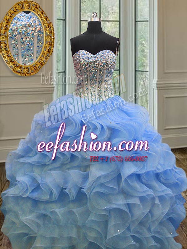 Customized Blue Ball Gowns Sweetheart Sleeveless Organza Floor Length Lace Up Beading and Ruffles Quinceanera Gown