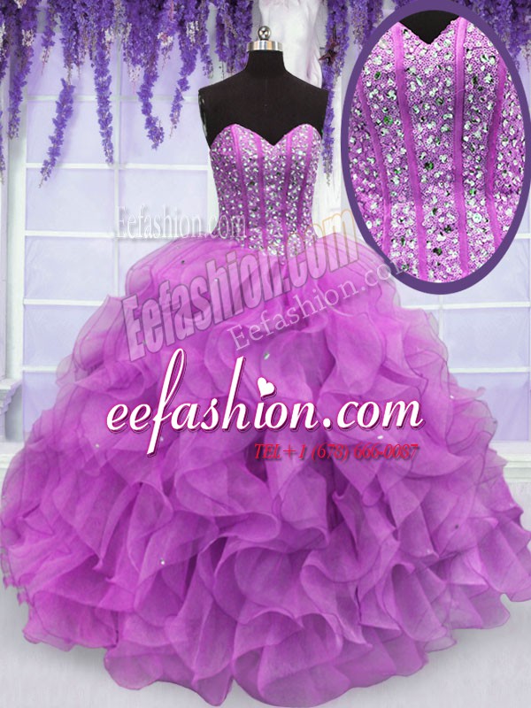  Lilac Sleeveless Floor Length Beading and Ruffles Lace Up Sweet 16 Quinceanera Dress