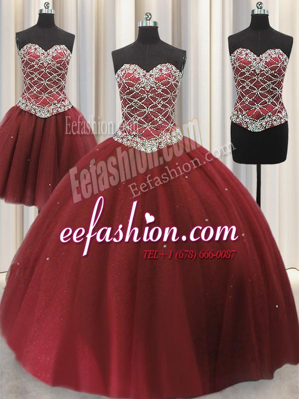  Three Piece Tulle Sweetheart Sleeveless Lace Up Beading and Sequins Ball Gown Prom Dress in Burgundy