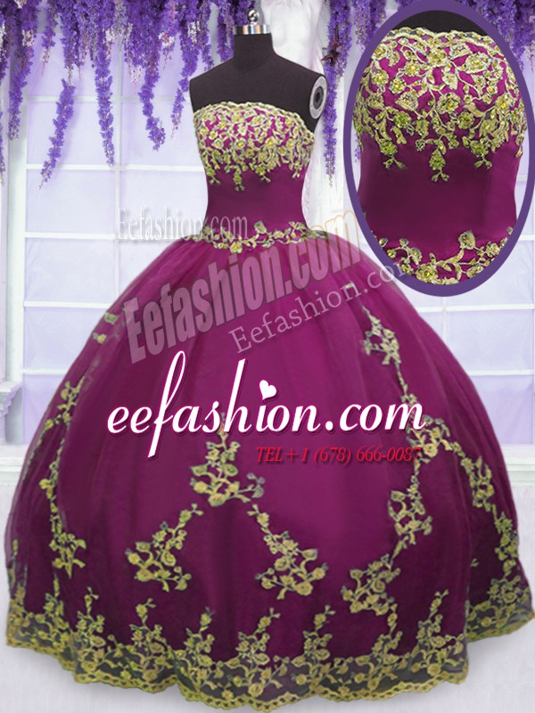  Fuchsia Ball Gowns Appliques Sweet 16 Quinceanera Dress Zipper Tulle Sleeveless Floor Length
