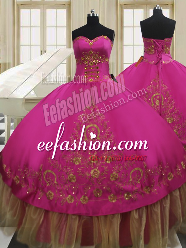 Dramatic Fuchsia Ball Gowns Taffeta Sweetheart Sleeveless Beading and Embroidery Floor Length Lace Up 15th Birthday Dress