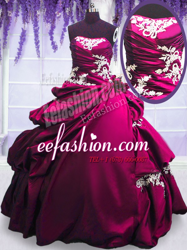  Fuchsia Taffeta Lace Up 15th Birthday Dress Sleeveless Floor Length Embroidery and Pick Ups