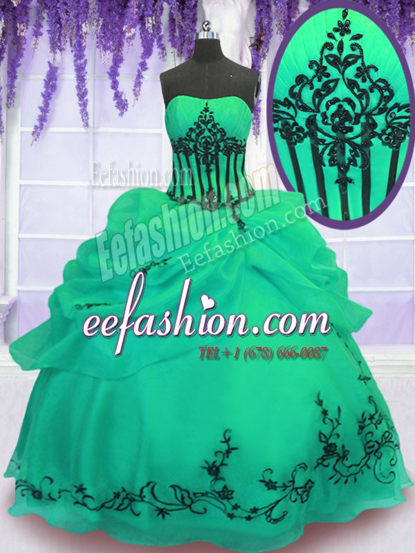 Flare Sleeveless Organza Floor Length Lace Up Ball Gown Prom Dress in Green with Embroidery
