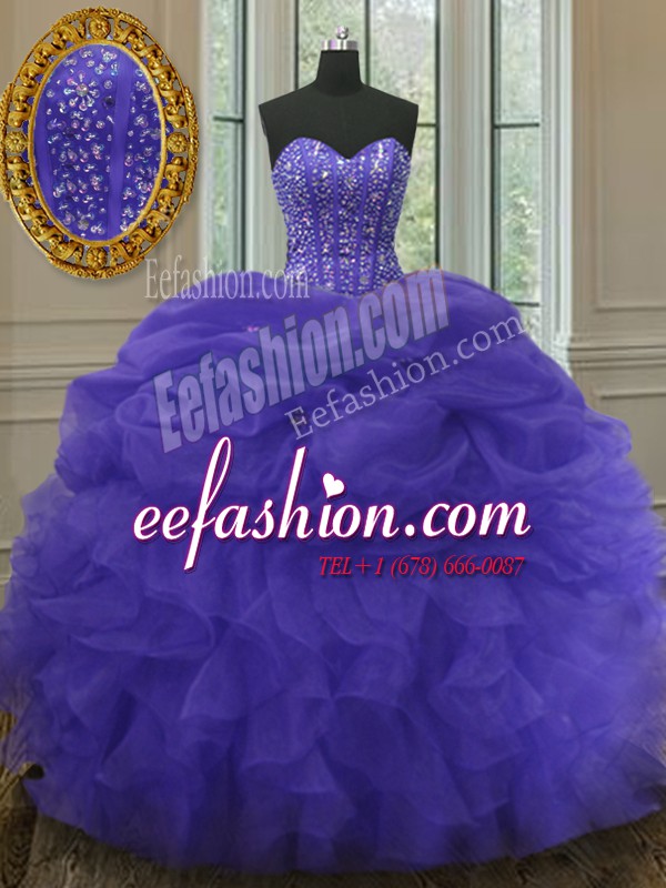 Trendy Purple Sweetheart Lace Up Beading and Ruffles and Pick Ups Sweet 16 Dress Sleeveless