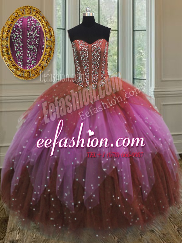 Fantastic Sleeveless Floor Length Beading and Ruffles and Sequins Lace Up Ball Gown Prom Dress with Multi-color