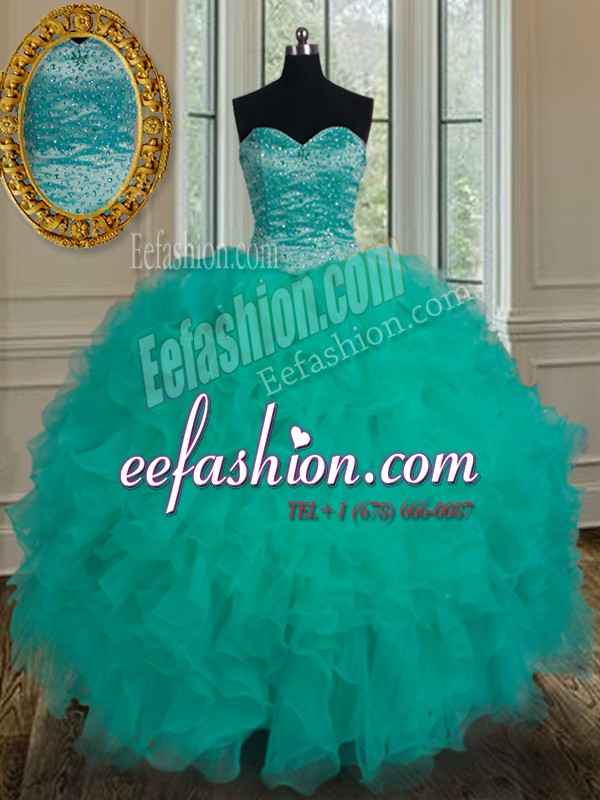  Turquoise Sweet 16 Quinceanera Dress Military Ball and Sweet 16 and Quinceanera and For with Beading and Ruffles Sweetheart Sleeveless Lace Up