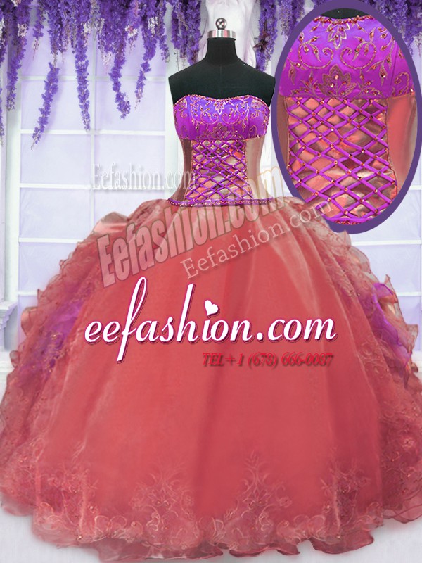  Watermelon Red Strapless Neckline Embroidery and Ruffles 15 Quinceanera Dress Sleeveless Lace Up