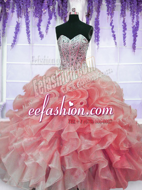  Beading and Ruffles Quinceanera Gown Red Lace Up Sleeveless Floor Length