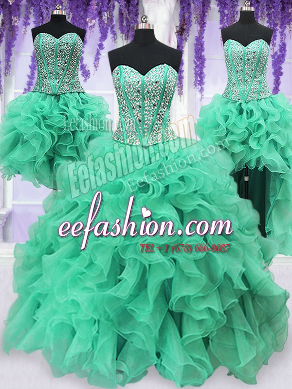 Modern Four Piece Turquoise Quinceanera Gown Military Ball and Sweet 16 and Quinceanera and For with Ruffles and Sequins Sweetheart Sleeveless Lace Up