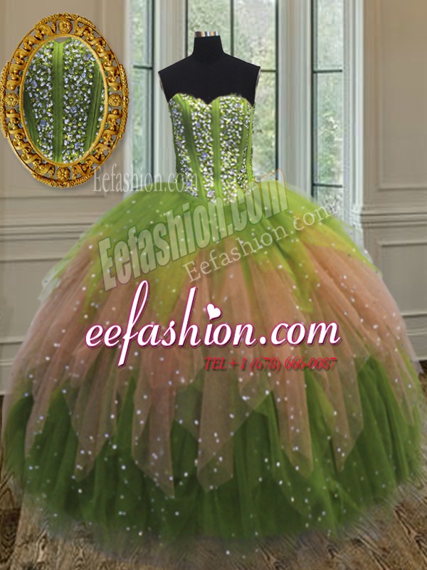 Glamorous Tulle Sweetheart Sleeveless Lace Up Beading and Ruffles and Sequins Vestidos de Quinceanera in Multi-color