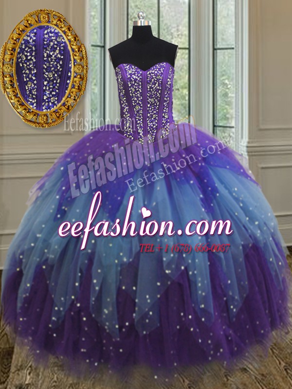  Multi-color Sweetheart Lace Up Beading and Ruffles and Sequins 15th Birthday Dress Sleeveless