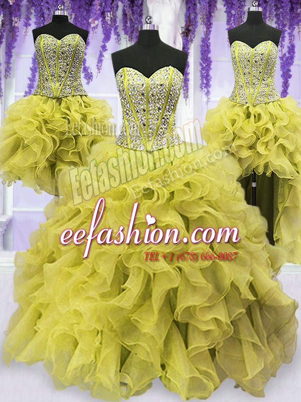 Stunning Four Piece Floor Length Lace Up 15 Quinceanera Dress Light Yellow for Military Ball and Sweet 16 and Quinceanera with Beading and Ruffles