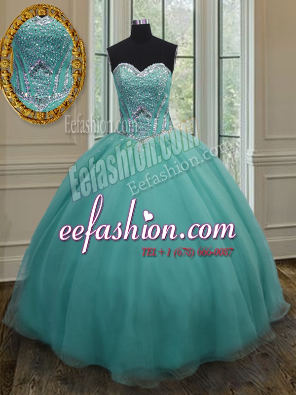 Stunning Turquoise Sleeveless Floor Length Beading Lace Up Quinceanera Dresses