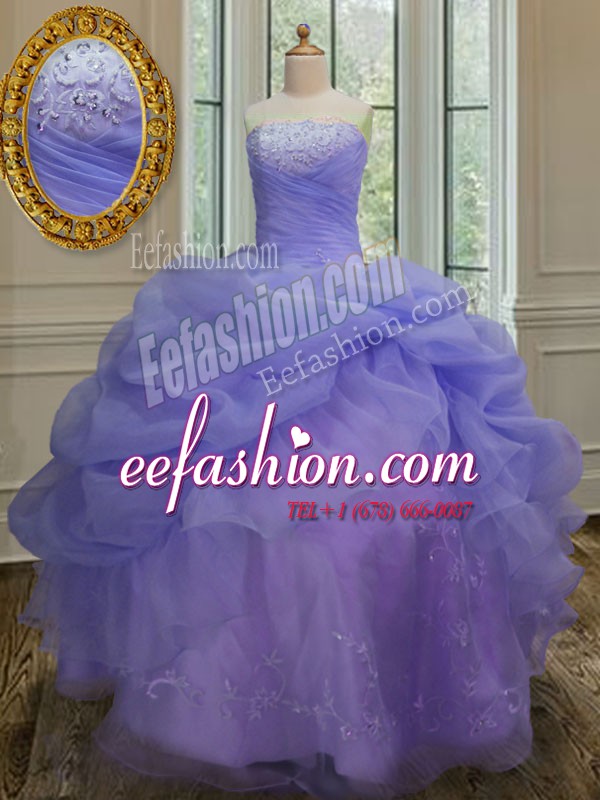 Modern Lavender Ball Gowns Strapless Sleeveless Organza Floor Length Lace Up Embroidery and Pick Ups Quince Ball Gowns
