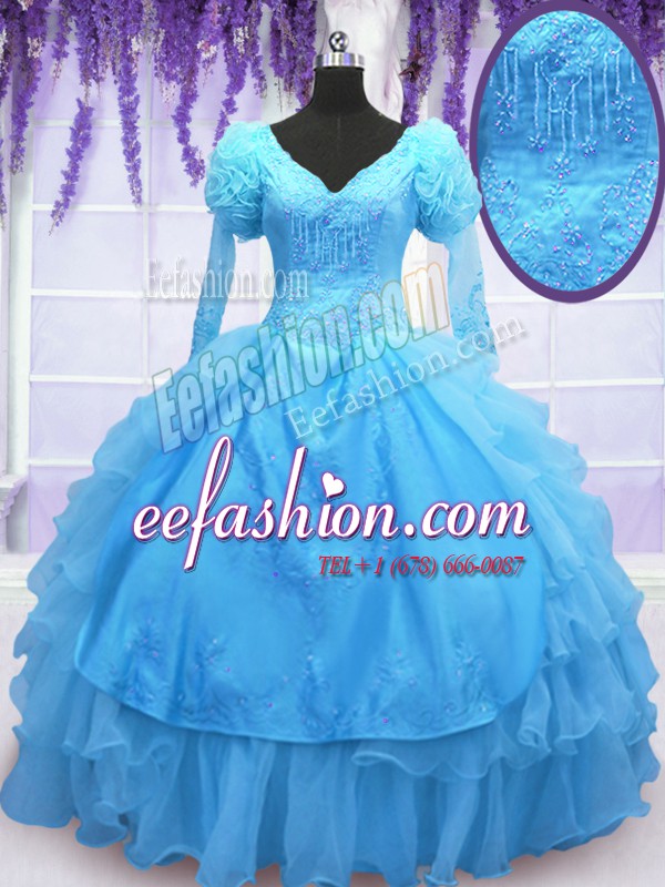 Low Price Organza V-neck Long Sleeves Lace Up Beading and Embroidery and Hand Made Flower Quinceanera Dresses in Baby Blue