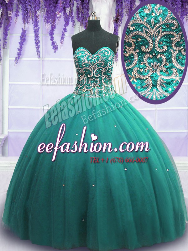 Flirting Turquoise Sweetheart Neckline Beading Ball Gown Prom Dress Sleeveless Lace Up