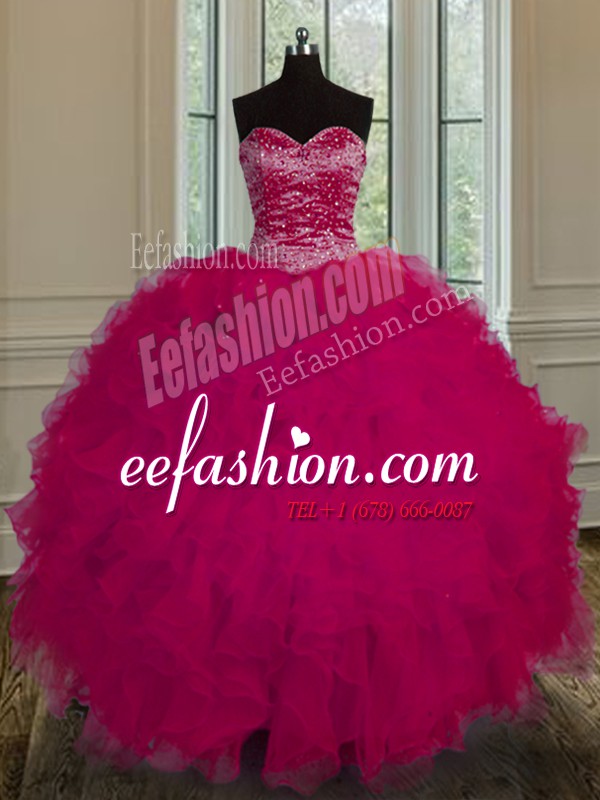  Floor Length Lace Up Quinceanera Gowns Fuchsia for Military Ball and Sweet 16 and Quinceanera with Beading and Ruffles