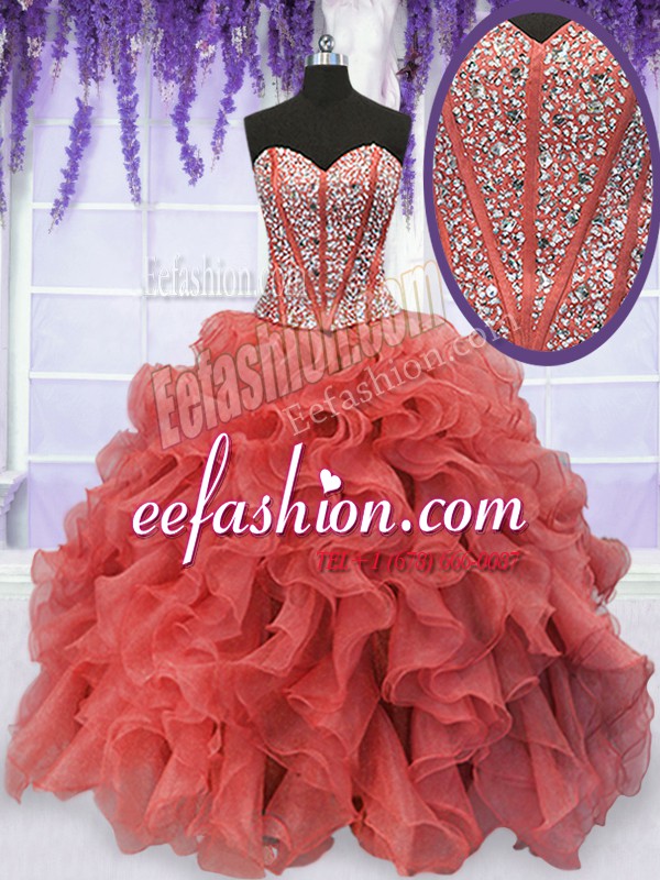 Amazing Organza Sweetheart Sleeveless Lace Up Beading and Ruffles Sweet 16 Dresses in Coral Red
