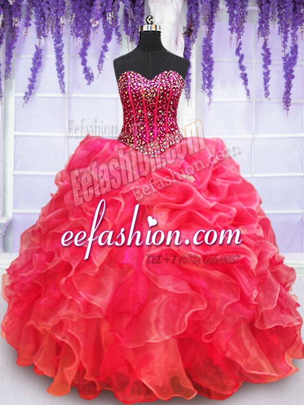 Ideal Red Sweetheart Lace Up Beading and Appliques and Ruffled Layers Quince Ball Gowns Sleeveless