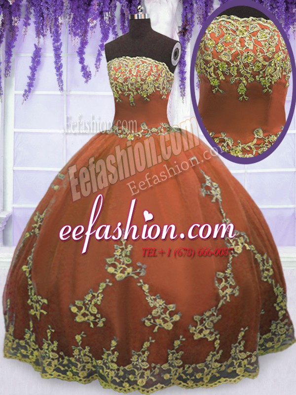 New Style Rust Red Strapless Zipper Appliques Quince Ball Gowns Sleeveless