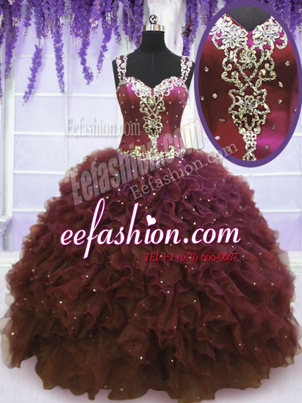 Charming Straps Floor Length Zipper Quinceanera Dress Burgundy for Military Ball and Sweet 16 and Quinceanera with Beading and Ruffles