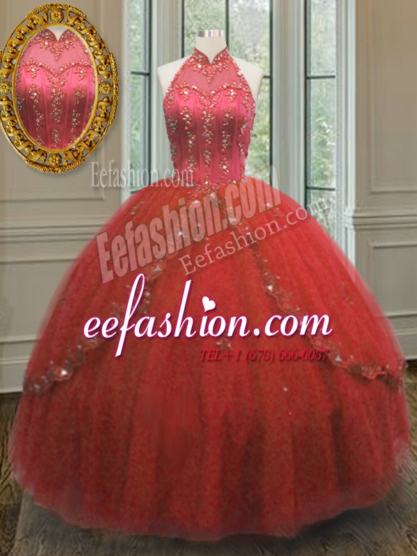 Most Popular Tulle Halter Top Sleeveless Lace Up Beading and Appliques 15 Quinceanera Dress in Wine Red