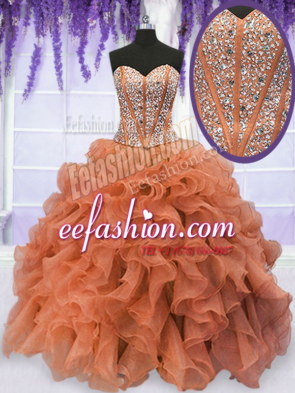  Rust Red Sweet 16 Quinceanera Dress Military Ball and Sweet 16 and Quinceanera and For with Beading and Ruffles Sweetheart Sleeveless Lace Up