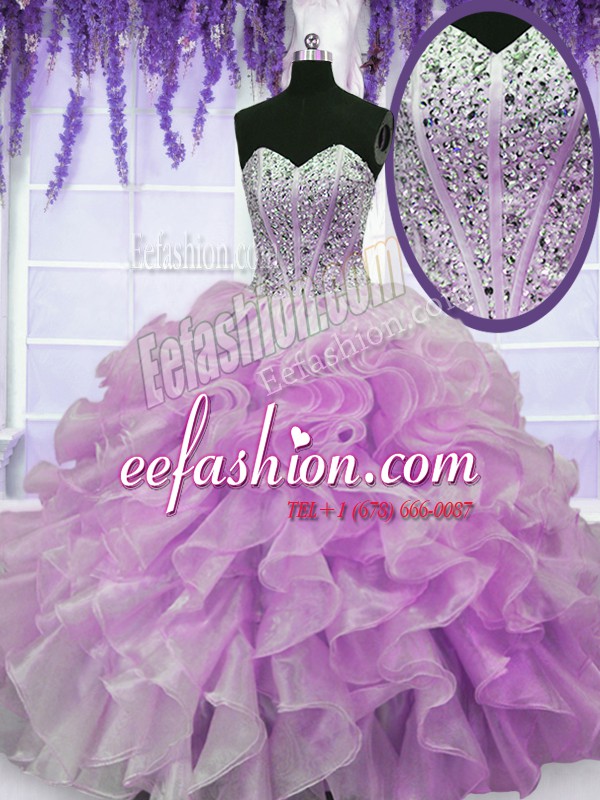  Beading and Ruffles Quinceanera Dresses Lilac Zipper Sleeveless Floor Length