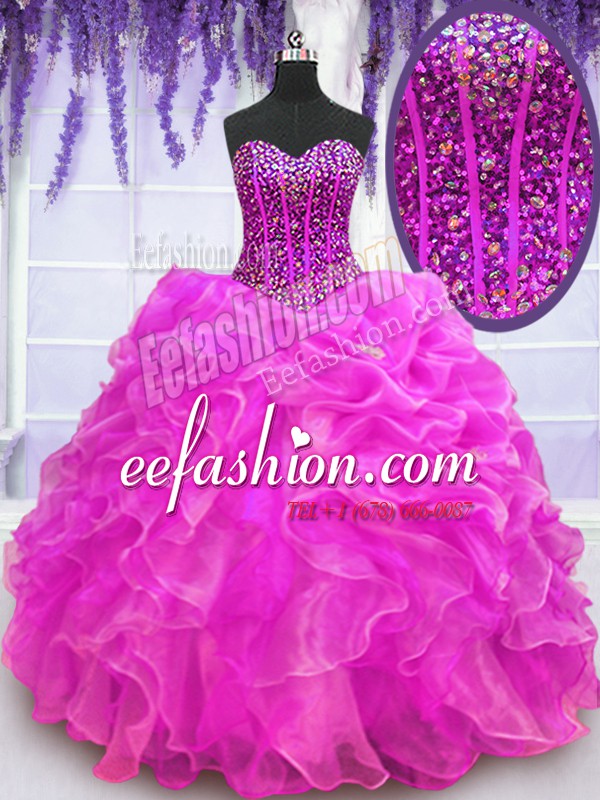 Sophisticated Sweetheart Sleeveless Lace Up 15 Quinceanera Dress Fuchsia Organza