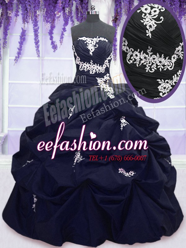 Beautiful Sleeveless Taffeta Floor Length Lace Up 15 Quinceanera Dress in Navy Blue with Appliques and Pick Ups