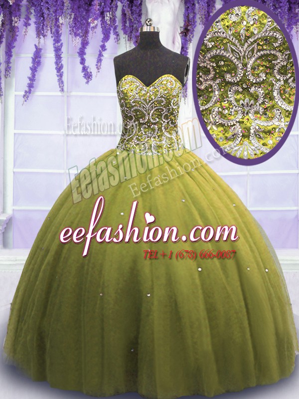 Olive Green Sweetheart Neckline Beading and Appliques 15 Quinceanera Dress Sleeveless Lace Up