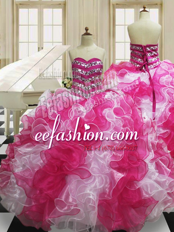  Floor Length Pink And White Quinceanera Dresses Organza Sleeveless Beading and Ruffles