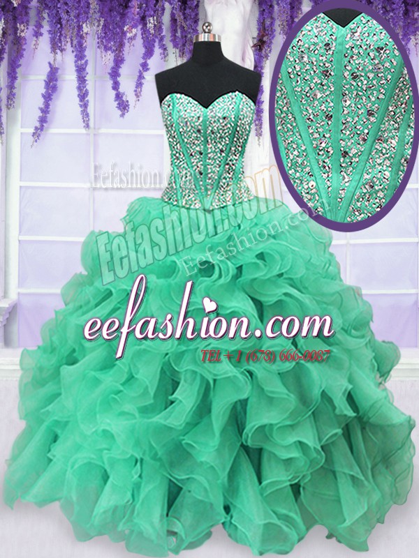 Best Turquoise Sweetheart Neckline Beading and Ruffles Vestidos de Quinceanera Sleeveless Lace Up