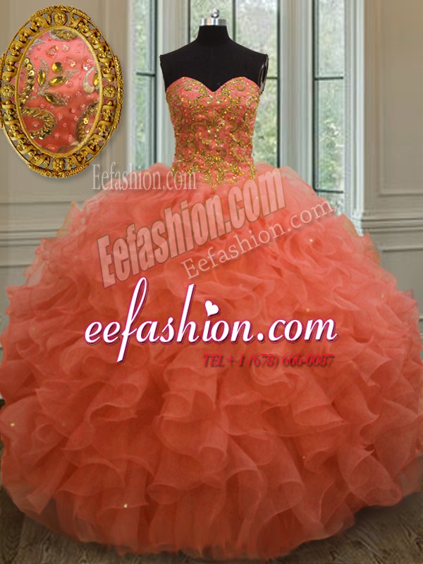Sumptuous Sleeveless Organza Floor Length Lace Up Sweet 16 Dresses in Orange Red with Beading and Ruffles