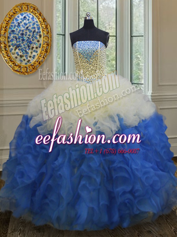 Beading and Ruffles Quince Ball Gowns Blue And White Lace Up Sleeveless Floor Length