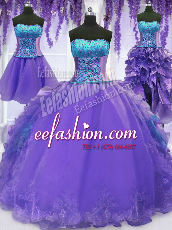 Lovely Four Piece Sleeveless Floor Length Embroidery and Ruffles Lace Up Ball Gown Prom Dress with Lavender