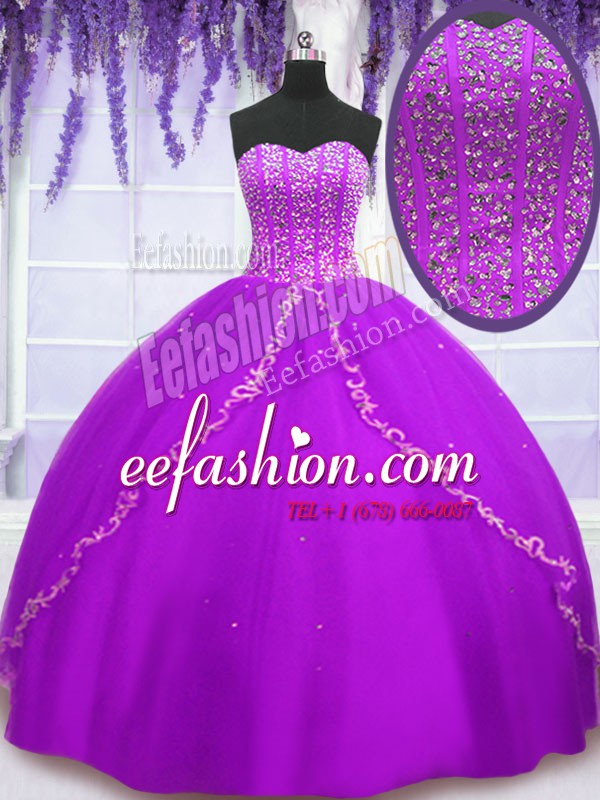  Purple Sleeveless Floor Length Beading and Sequins Lace Up Quince Ball Gowns