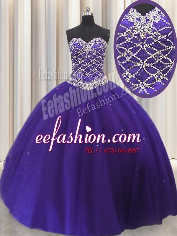 Fancy Sleeveless Floor Length Beading and Sequins Lace Up Quince Ball Gowns with Purple