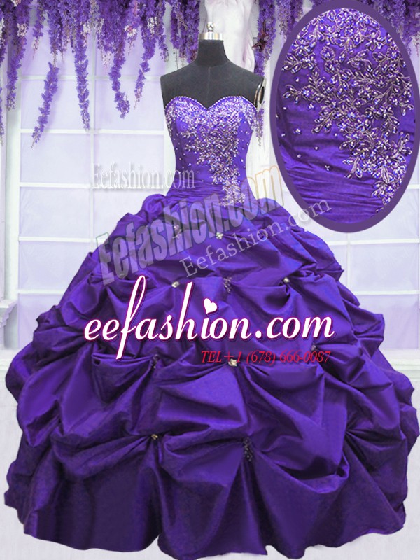  Floor Length Purple Ball Gown Prom Dress Taffeta Sleeveless Beading and Pick Ups