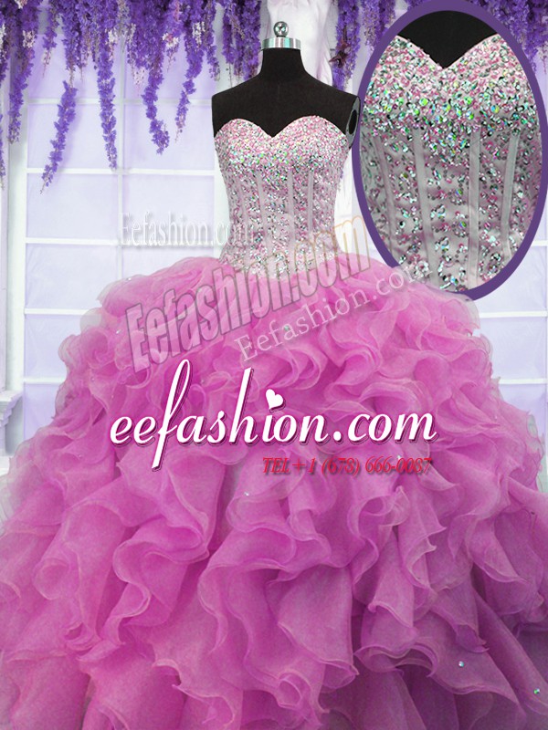 Extravagant Rose Pink Quinceanera Dresses Military Ball and Sweet 16 and Quinceanera and For with Sequins Sweetheart Sleeveless Lace Up