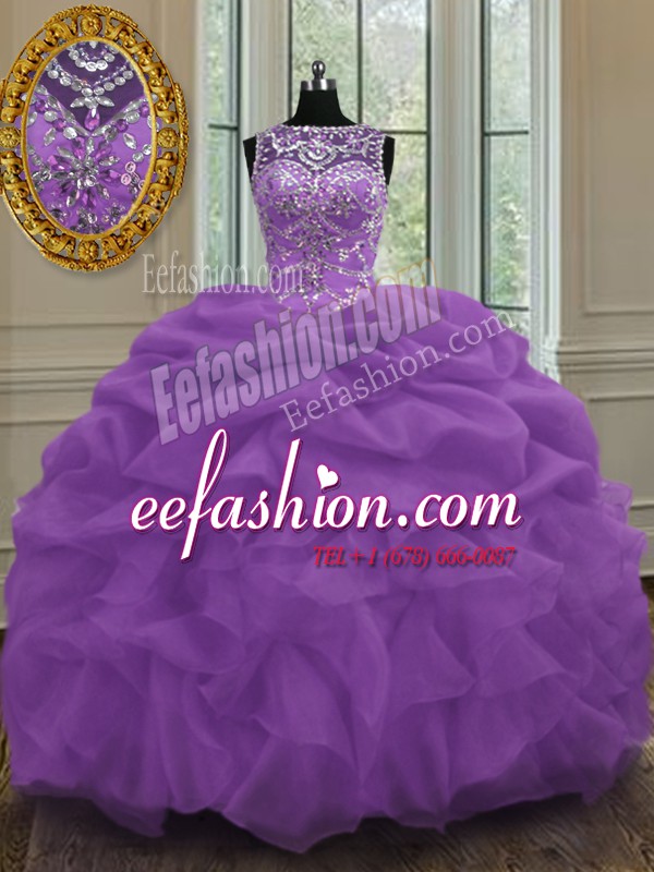 Shining Scoop Pick Ups Purple Sleeveless Organza Lace Up 15th Birthday Dress for Military Ball and Sweet 16 and Quinceanera