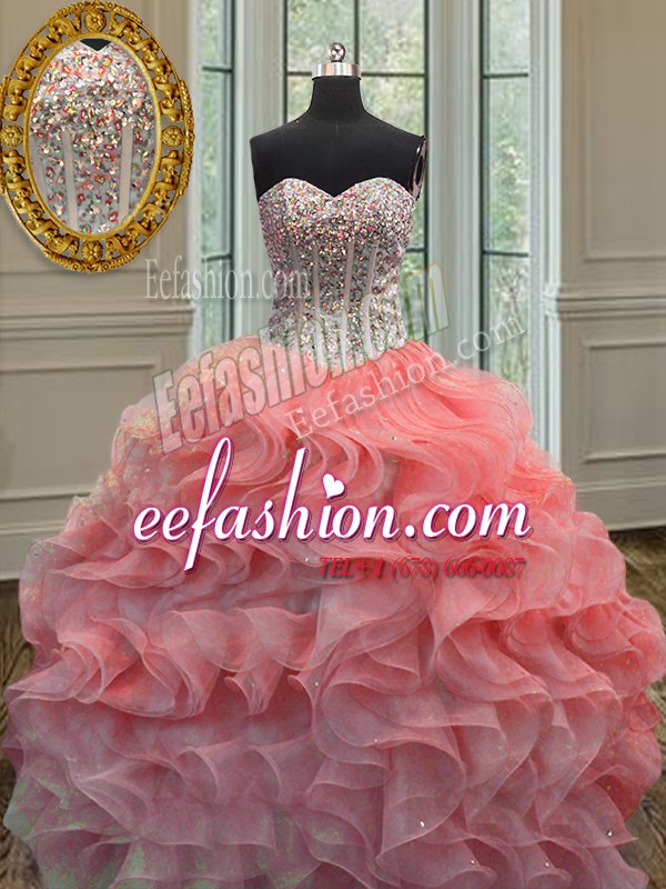 Designer Beading and Ruffles Quinceanera Gowns Watermelon Red Lace Up Sleeveless Floor Length