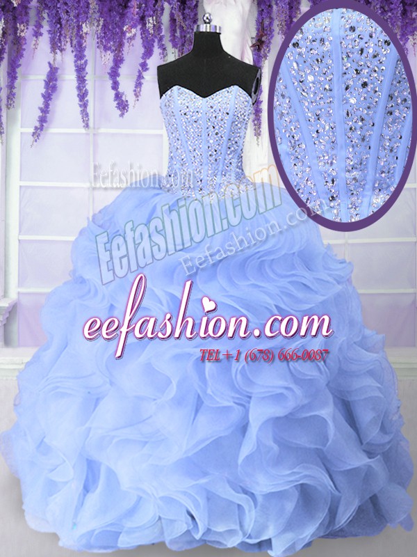  Light Blue Lace Up Quinceanera Gown Beading and Ruffles Sleeveless Floor Length