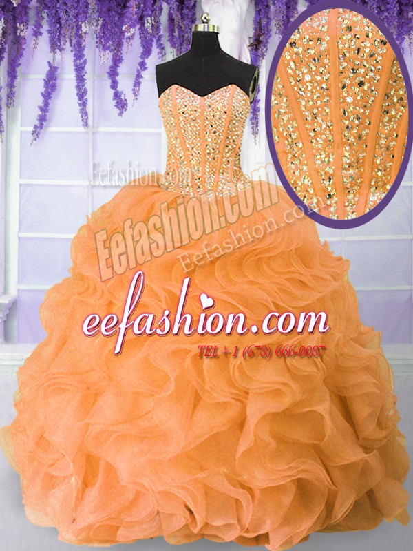 New Arrival Sweetheart Sleeveless Quinceanera Gowns Floor Length Beading and Ruffles Orange Organza