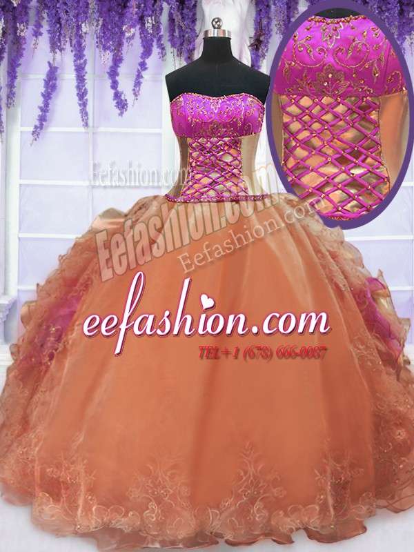  Floor Length Lace Up Ball Gown Prom Dress Orange for Military Ball and Sweet 16 and Quinceanera with Embroidery and Ruffles