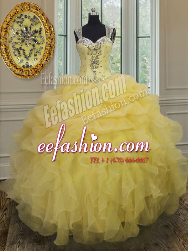  Straps Organza Sleeveless Floor Length Ball Gown Prom Dress and Beading and Ruffles